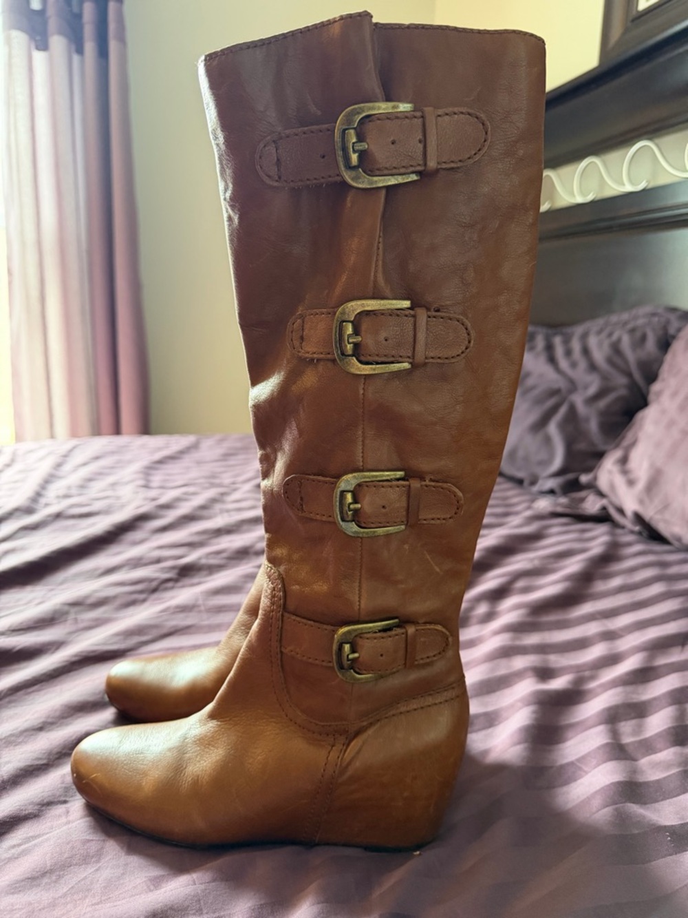 Franco Sarto Buckle Wedge Boots - Brown